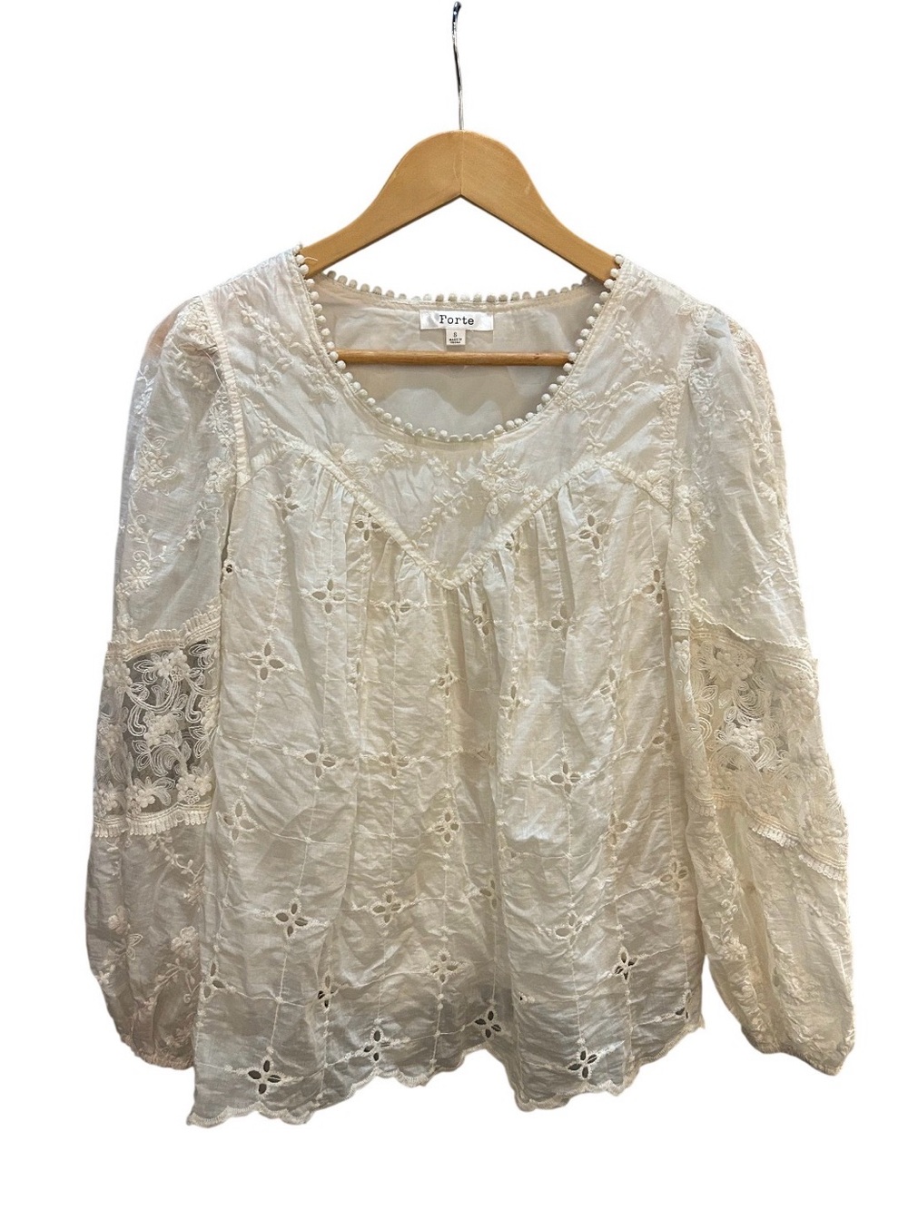Forte Cream Lace Eyelet Blouse with Pearl Trim - small
